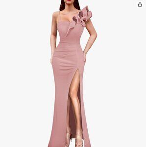 VFSHOW Ruffle One Shoulder Strap Ruched Split Lace Maxi Dress (Pink, S)
